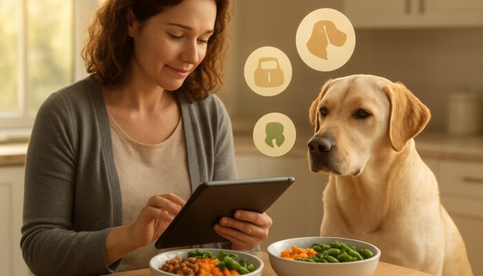 Owner reviewing Labrador health data on tablet alongside customised nutrition bowls in kitchen