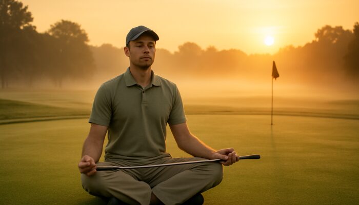 Golfer meditating at dawn on a misty green for mindfulness and concentration