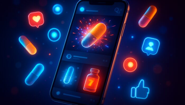Futuristic neon smartphone displaying an X feed filled with dynamic supplement advertisements and glowing capsules.