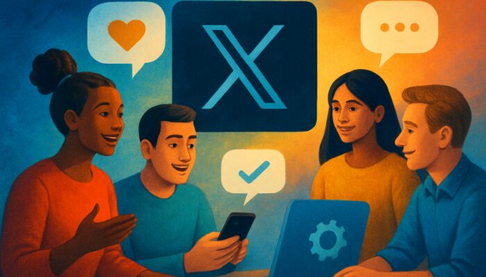 Brand interacting with diverse customers on X through polls, speech bubbles, and real-time feedback