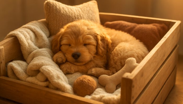Fluffy puppy curled in a cozy wooden crate with blankets, pillows, and toys in sunlight.