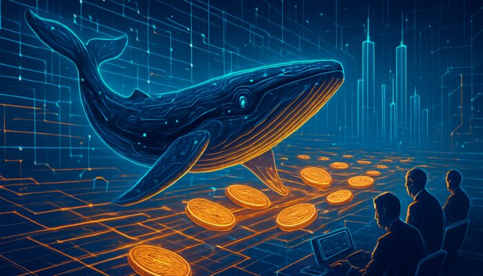 Cybernetic whale diving through glowing blockchain ledgers toward exchange towers in neon realm.
