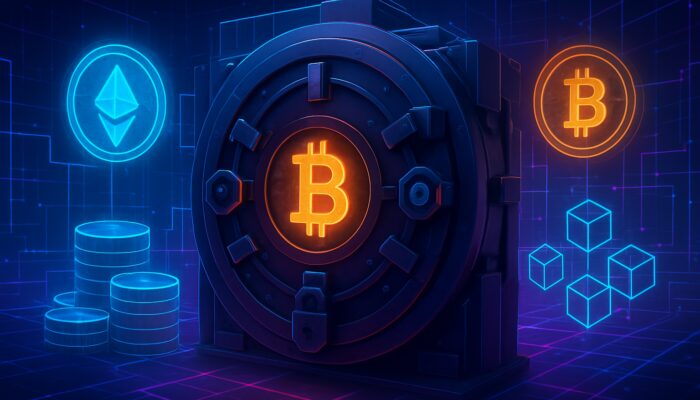 Neon cyber vault shielding glowing crypto assets with multi-sig locks and audit seals.