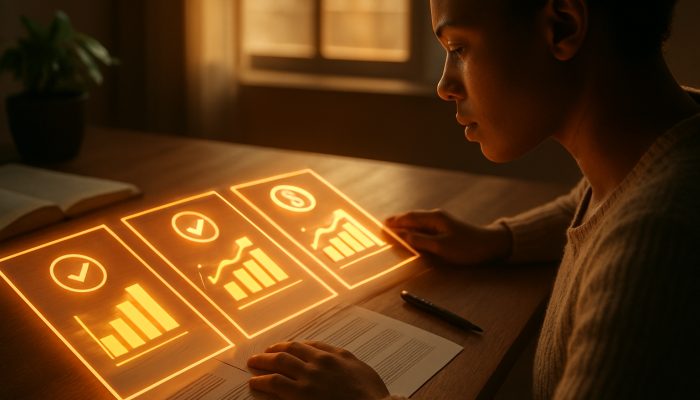 How to Rebuild Credit After Tidying Debts: Steps for Success | DCL Individual reviewing credit reports from Experian, Equifax, and TransUnion with glowing financial charts displayed on their desk