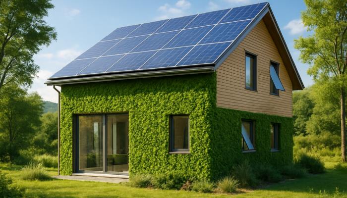 Modern eco-friendly house featuring solar panels, green walls, and smart windows in a tranquil landscape.