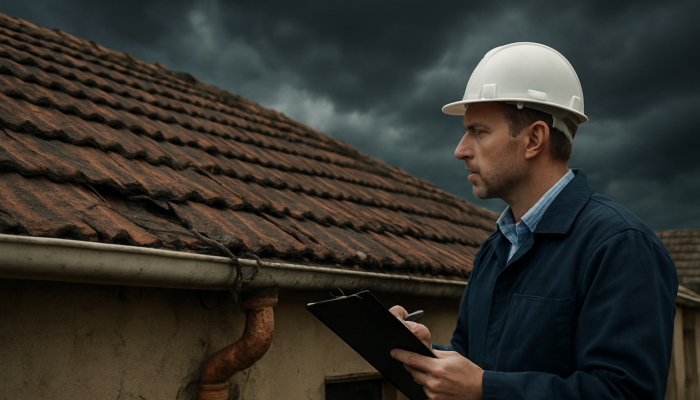 Professional inspector evaluates cracked roof and exposed wires on an old home in Springs under a stormy sky.