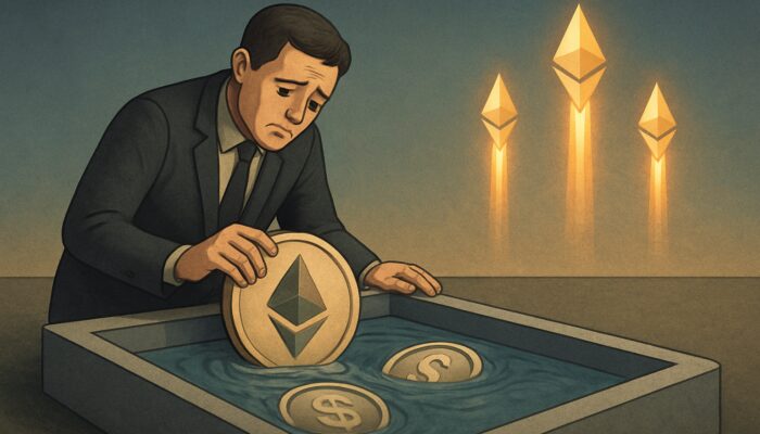 Depressed investor withdrawing faded ETH-USDC tokens as a glowing Ethereum soars, depicting impermanent loss.