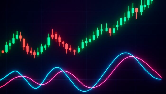 Vibrant trading screen showcasing Trix indicator crossovers, divergences, and rising price candles in a neon interface.