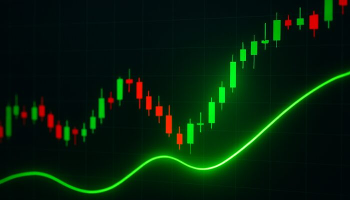 Trading chart depicting green Trix line crossing above zero amidst candlesticks for a bullish buy signal