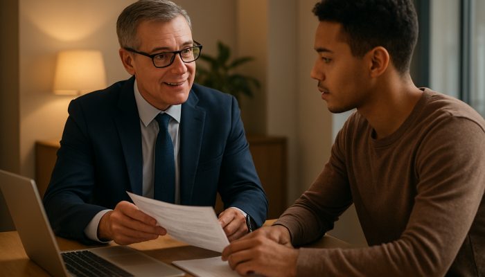 Financial advisor in the UK assisting gig worker with debt consolidation paperwork in a contemporary office setting