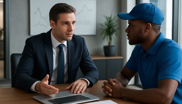 British financial advisor discussing gig earnings with delivery driver in modern office for debt consolidation advice