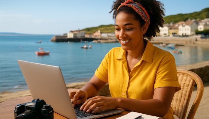 Seaton small business owner creates social media content on a laptop at a sunny seaside café with a harbour view.