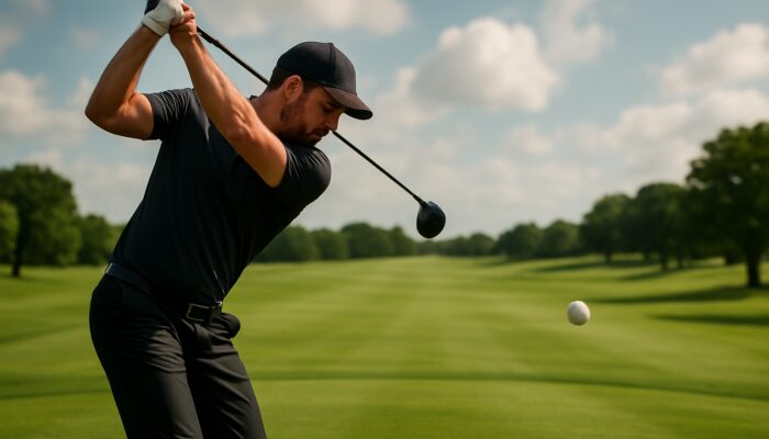 Golfer hitting a low-spin golf ball soaring straight over a lush fairway for enhanced distance and control