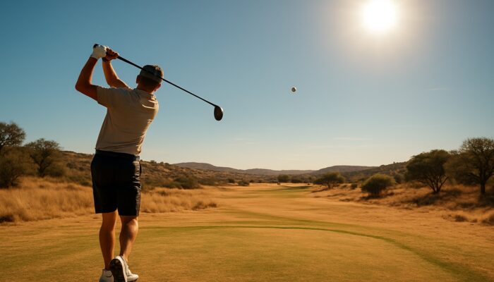 Golfer swings a low-spin ball on a sun-drenched South African course under a scorching summer sky