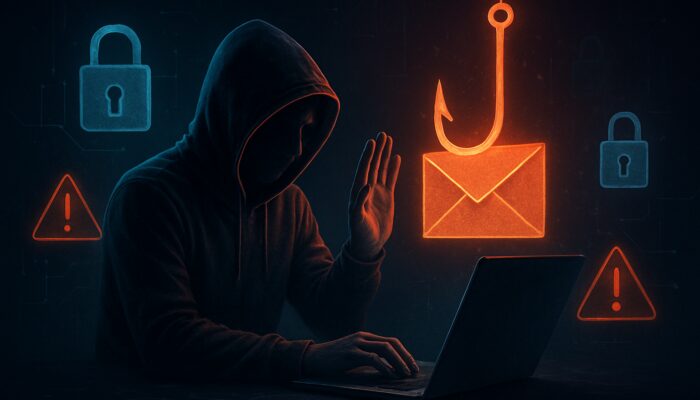 User protecting laptop from phishing email with digital locks and security alerts