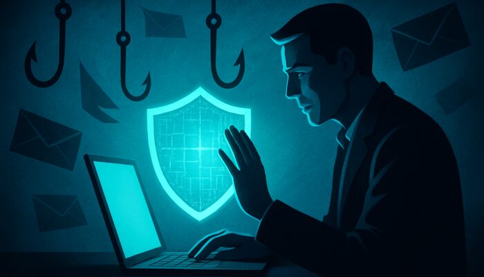 Professional deflecting phishing emails with a digital shield on a glowing laptop to promote cybersecurity awareness