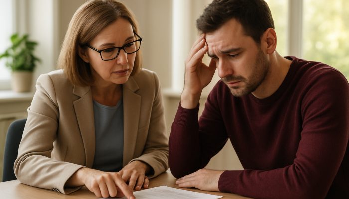 Individual reviewing financial documents with a credit union advisor in a well-lit office.