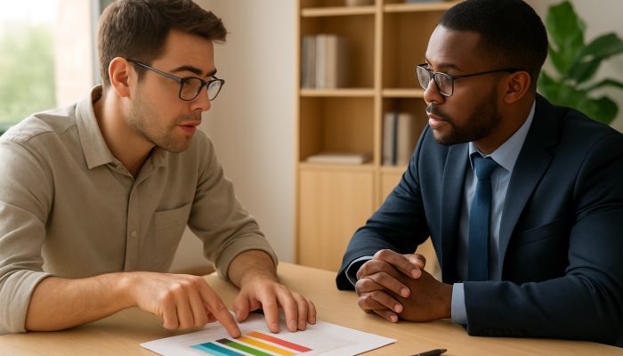 Borrower pointing to a colourful debt interest rate chart while negotiating repayment with an advisor in a sunlit office.