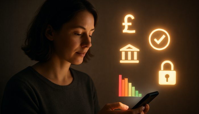 Blocking Apps and Sites During a Debt Plan: Essential Advice | DCL Individual analysing smartphone with UK debt management apps, banking options, and vibrant spending graphs illustrating financial independence.