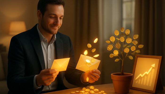Using Small Windfalls to Boost Your Plan: UK Savings Tips | DCL British professional in London flat directing windfall cash into savings tree and investment charts for growth
