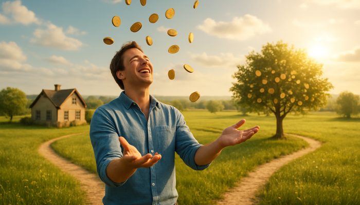 Using Small Windfalls to Boost Your Plan: UK Savings Tips | DCL Joyful person catching golden coins in meadow symbolizing financial growth and debt freedom