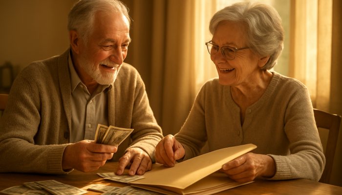 Elderly couple consolidating scattered bills into organized folder under warm sunlight for debt relief.