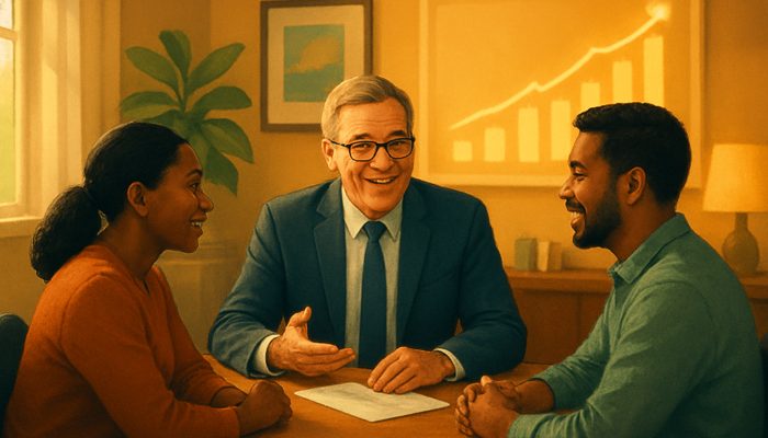 Illustration of a welcoming local lender advising diverse borrowers with flexible repayment options in a comfortable office