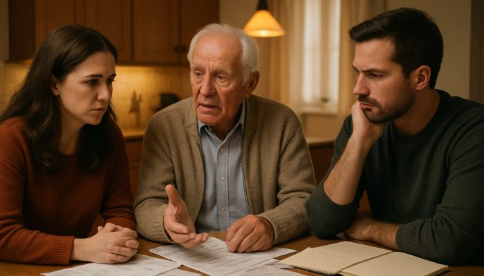 Elderly parent and adult children discussing debt at kitchen table with bills and papers
