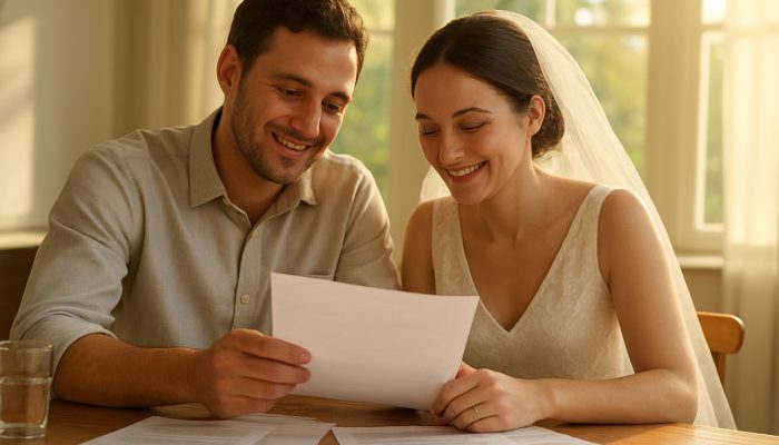 Combining Debts After a Big Life Event: Essential Tips | DCL Relieved couple merges debt papers into one document after wedding in sunlight