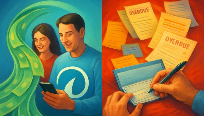 Split-screen digital art contrasting smooth direct debit with chaotic manual payments in vibrant colors.