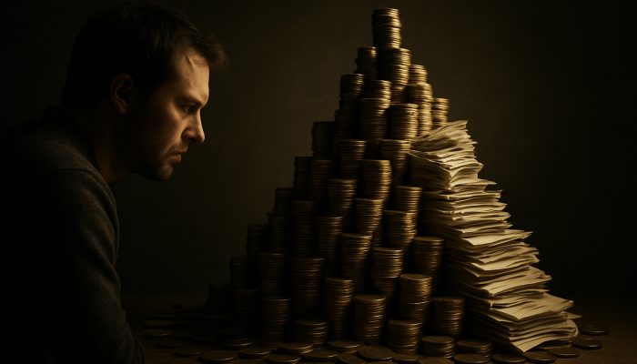 Spotting High Fee Consolidation Deals: Avoid Traps | DCL UK borrower gazes at towering mountain of coins and papers symbolising consolidation loan fees
