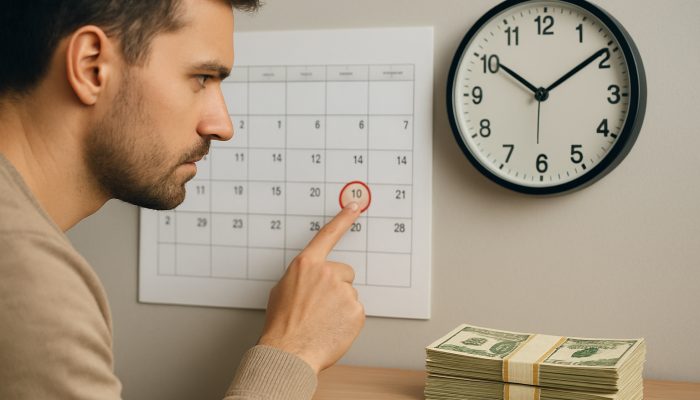 Borrower checking highlighted loan repayment due date on calendar with clock and cash stack