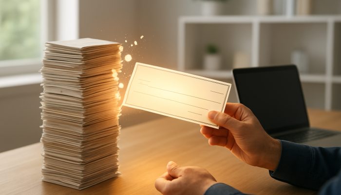 Individual receiving a glowing refund cheque reducing debt stack in a modern home office with laptop plan