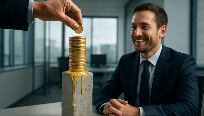 Hand directing tax refund coins onto loan ledger, reducing interest for relieved debtor in UK office