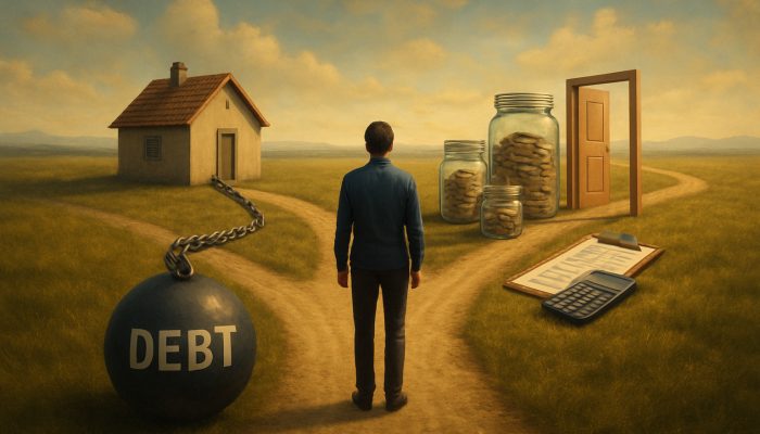 Person at financial crossroads choosing between unsecured debt chaining house and paths to savings, loans, and budgeting tools