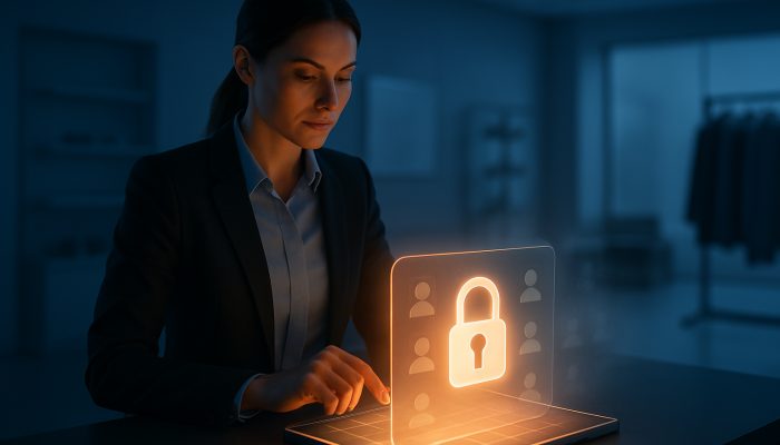 Closing Down Unused Store Accounts: Retail Best Practices | DCL Retail manager locking digital ledger with padlock in minimalist store at dusk